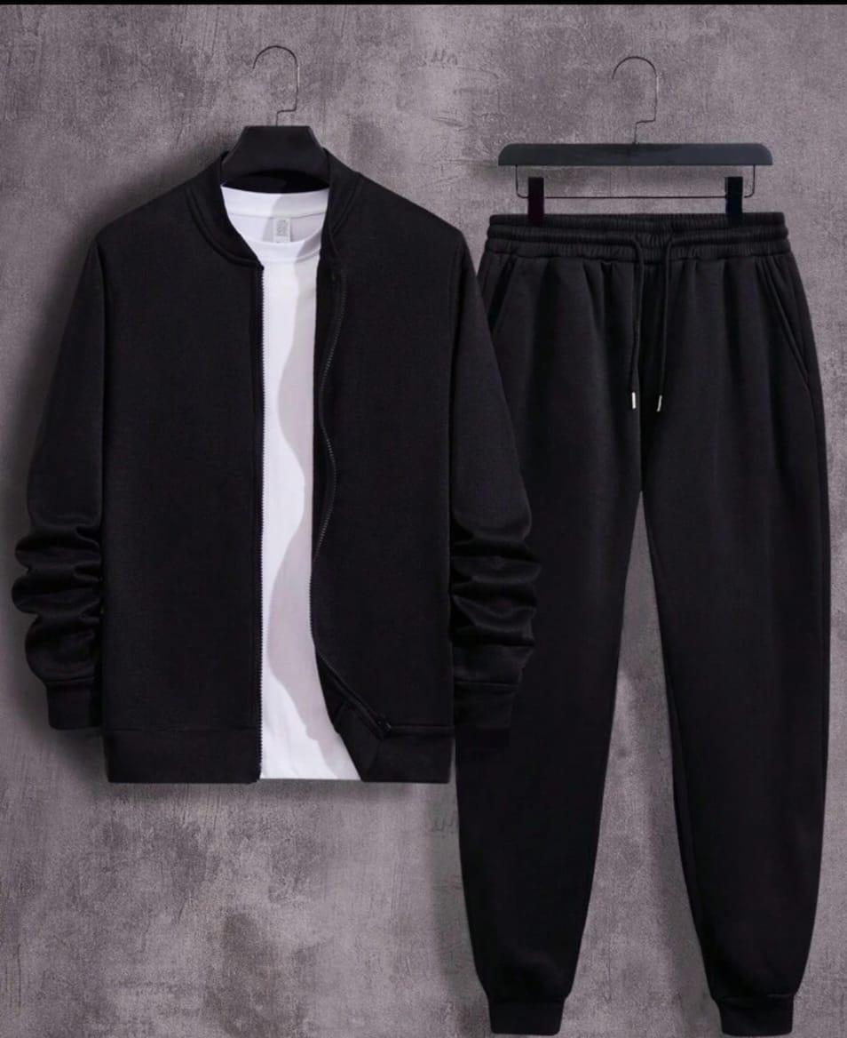 Men's Fleece Zipper Track Suit - 2 Pcs in Black