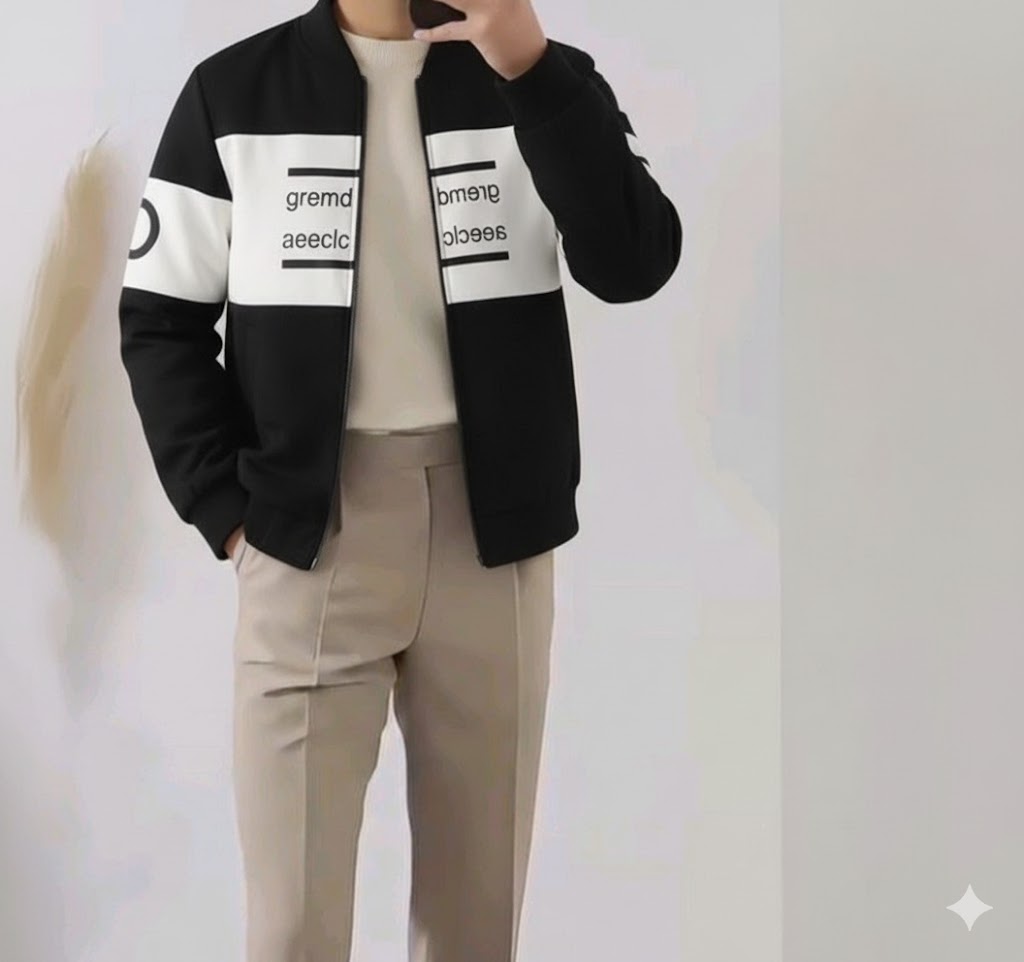 Men's Zipper Fleece Jacket - 1 Pc, Black & White Printed Style